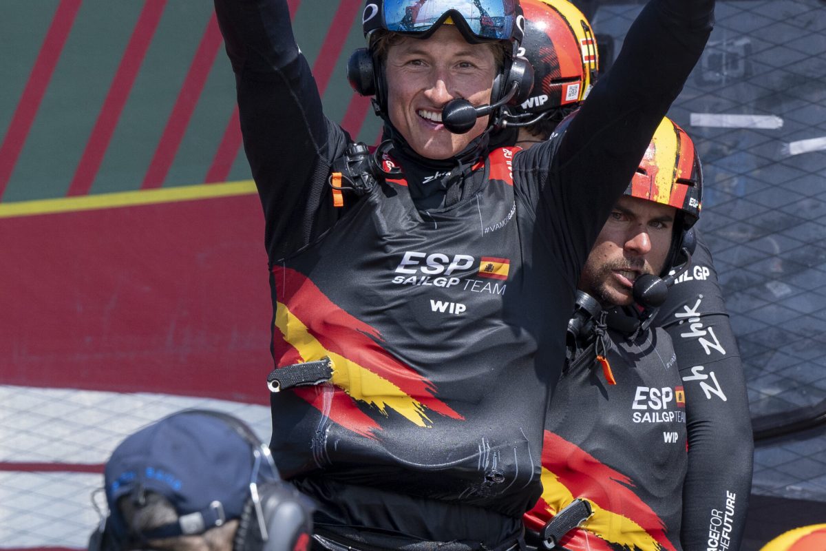 Florian Trittel, wing trimmer of Spain SailGP Team celebrates Spain SailGP Team victory in the SailGP Season 4 Grand Final in San Francisco, USA. Sunday 14th July 2024. Photo: Ricardo Pinto for SailGP. Handout image supplied by SailGP